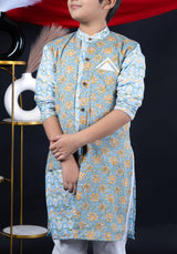 Sky Blue Floral Kurta Set for Boys