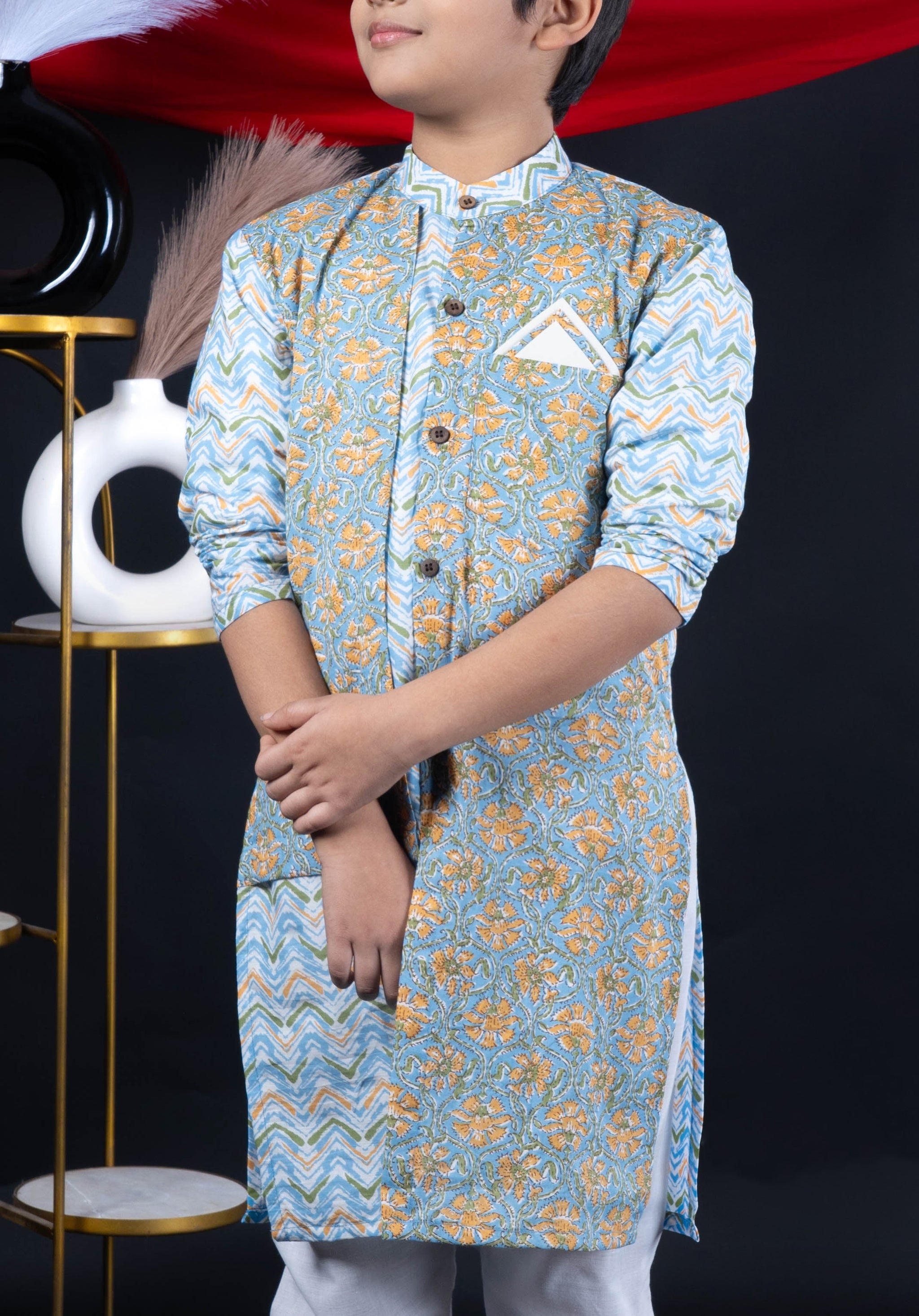 Sky Blue Floral Kurta Set for Boys