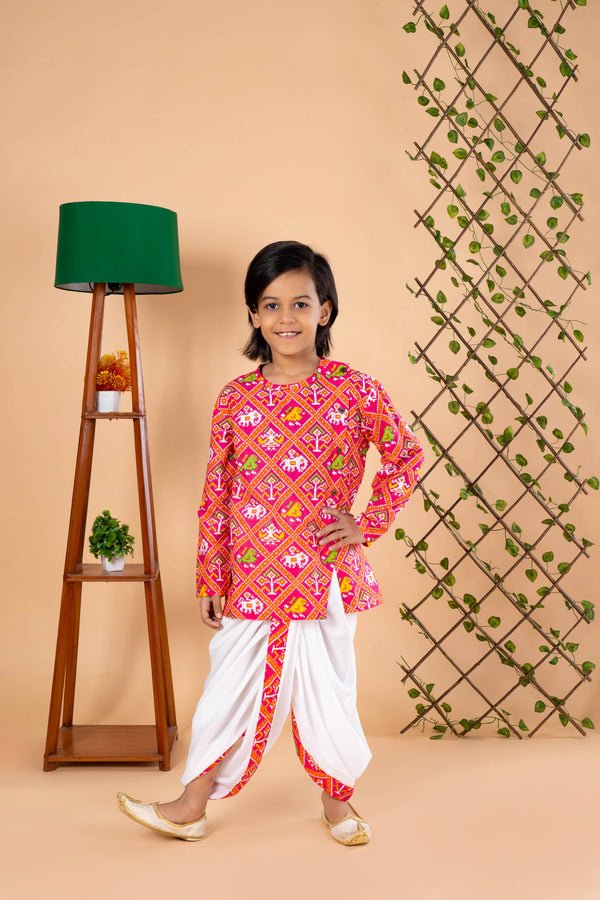 Multicolor Elephant Print Kurta Dhoti Set - Festive Diwali Wear for Boys