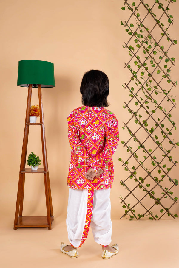 Multicolor Elephant Print Kurta Dhoti Set - Festive Diwali Wear for Boys