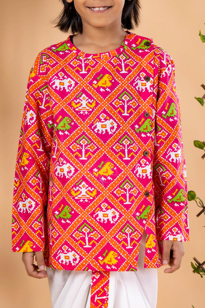 Multicolor Elephant Print Kurta Dhoti Set - Festive Diwali Wear for Boys