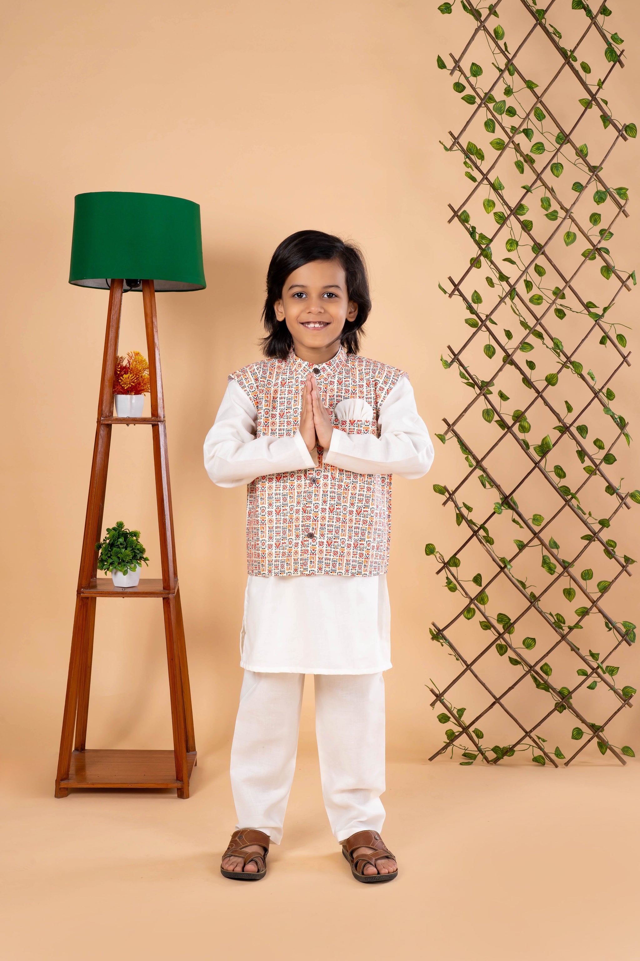 Cream Kurta Pajama with Printed Jacket - Diwali Ethnic Outfit for Boys