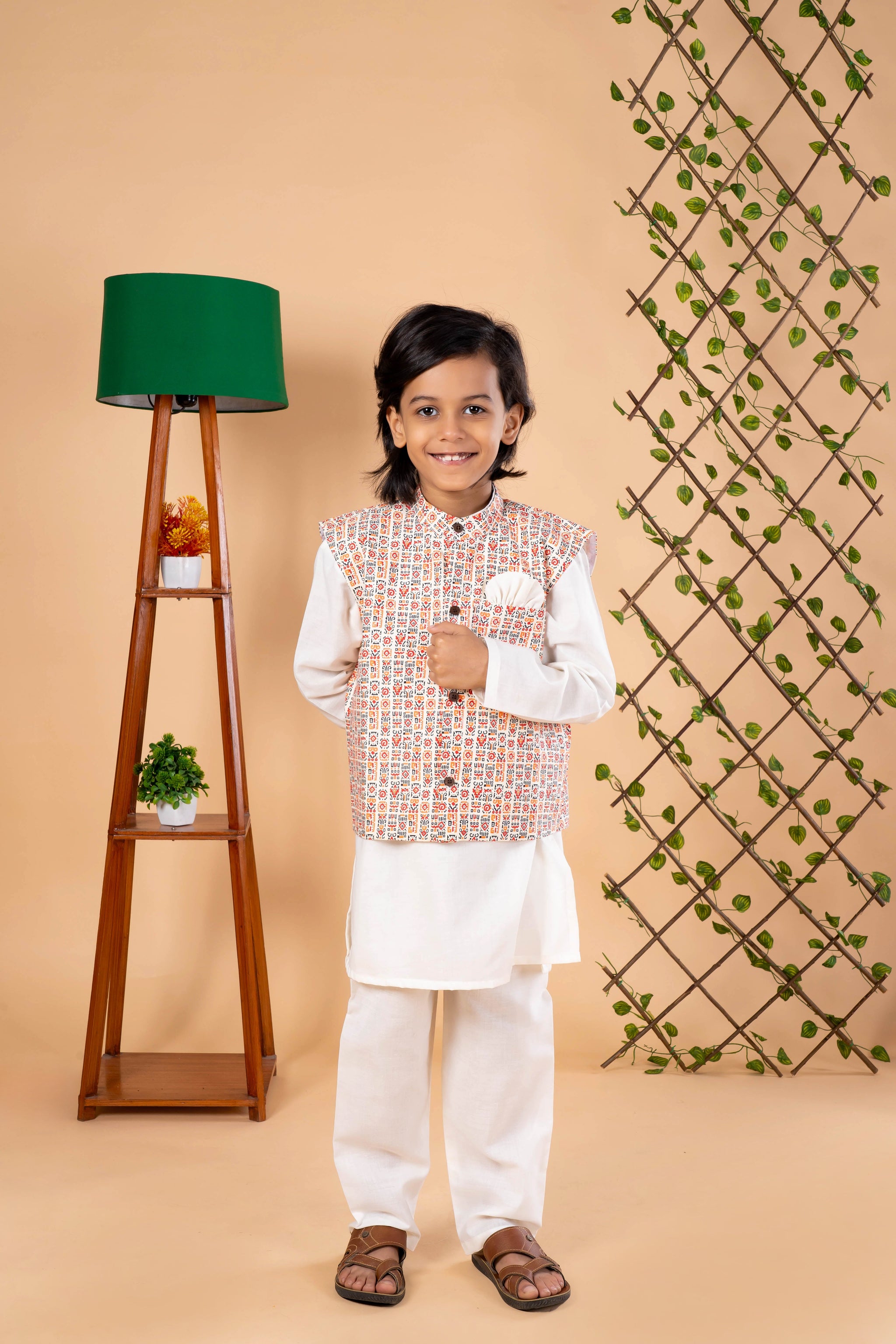 Cream Kurta Pajama with Printed Jacket - Diwali Ethnic Outfit for Boys