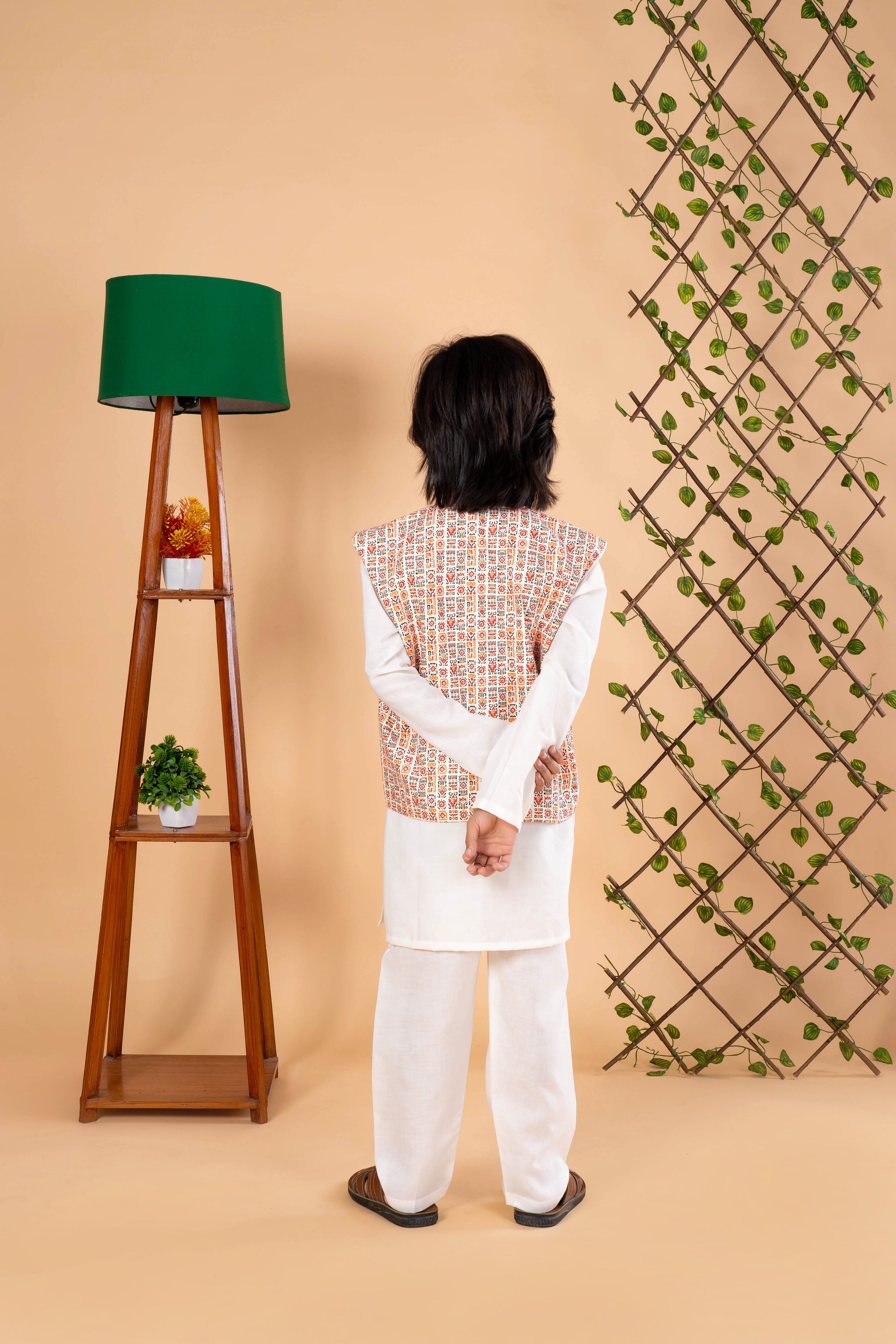 Cream Kurta Pajama with Printed Jacket - Diwali Ethnic Outfit for Boys