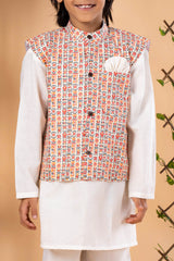 Cream Kurta Pajama with Printed Jacket - Diwali Ethnic Outfit for Boys