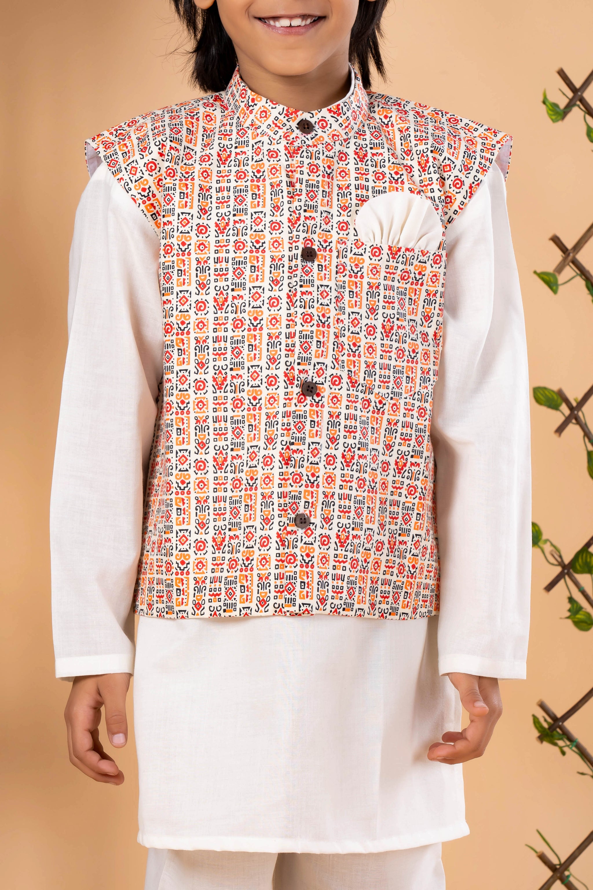 Cream Kurta Pajama with Printed Jacket - Diwali Ethnic Outfit for Boys
