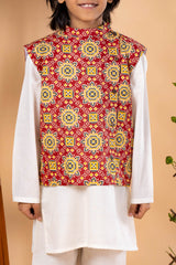 Red Printed Nehru Jacket with Kurta Pajama Set - Diwali Ethnic Look for Boys
