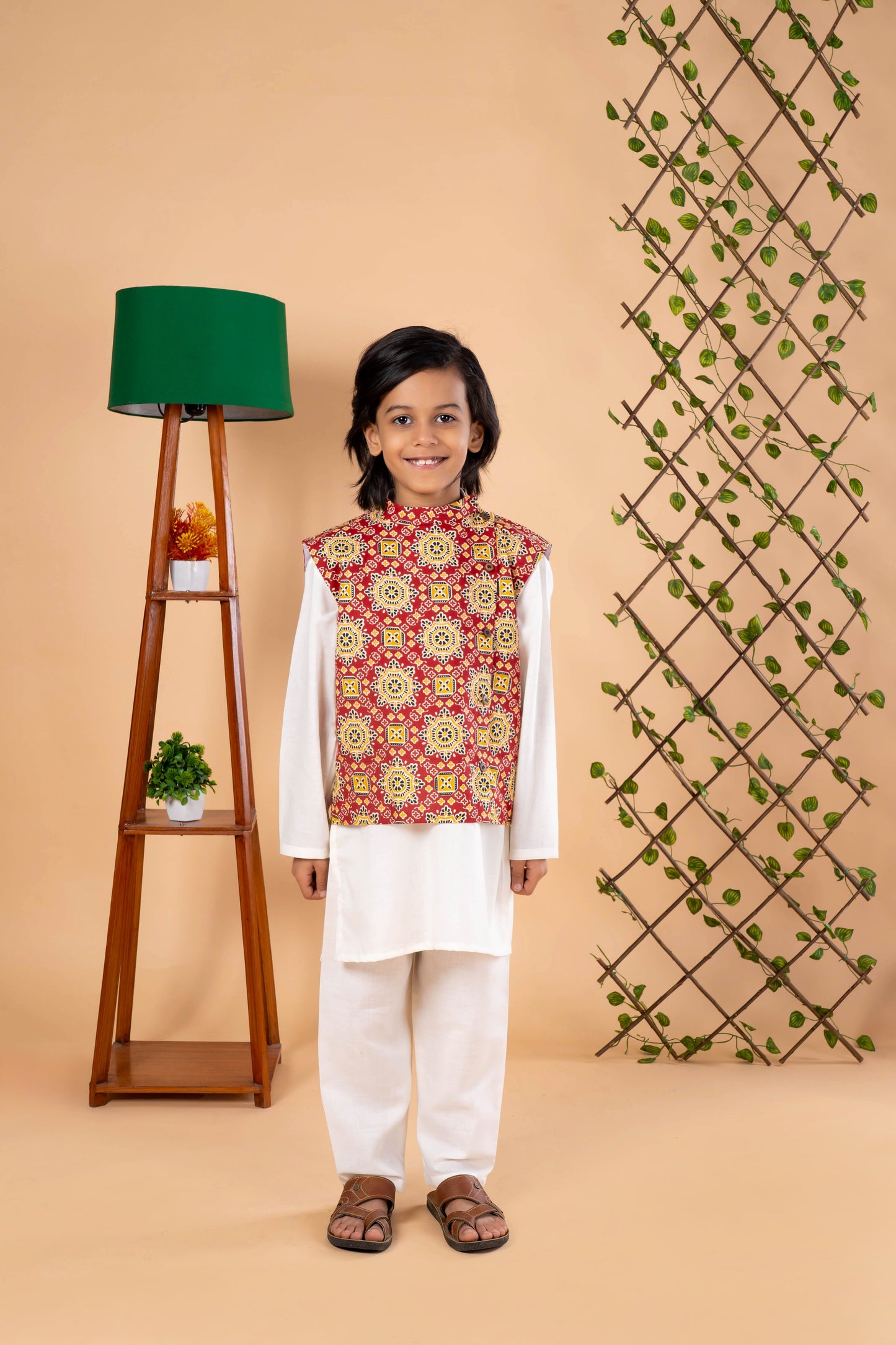 Red Printed Nehru Jacket with Kurta Pajama Set - Diwali Ethnic Look for Boys