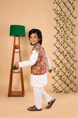 Red Printed Nehru Jacket with Kurta Pajama Set - Diwali Ethnic Look for Boys