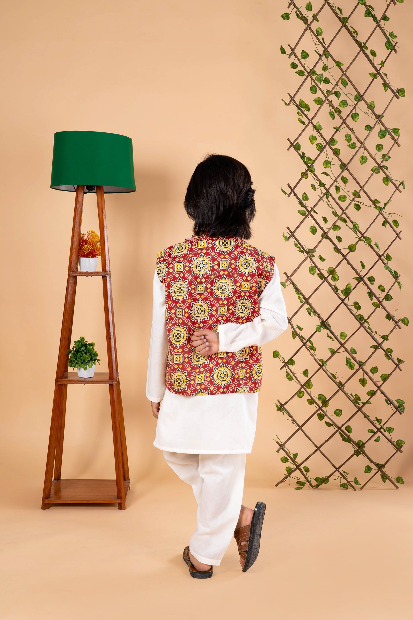 Red Printed Nehru Jacket with Kurta Pajama Set - Diwali Ethnic Look for Boys
