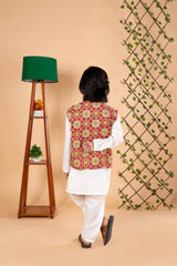 Red Printed Nehru Jacket with Kurta Pajama Set - Diwali Ethnic Look for Boys
