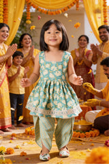 Aqua Blue Floral Rakhi Ethnic Dress for Girls