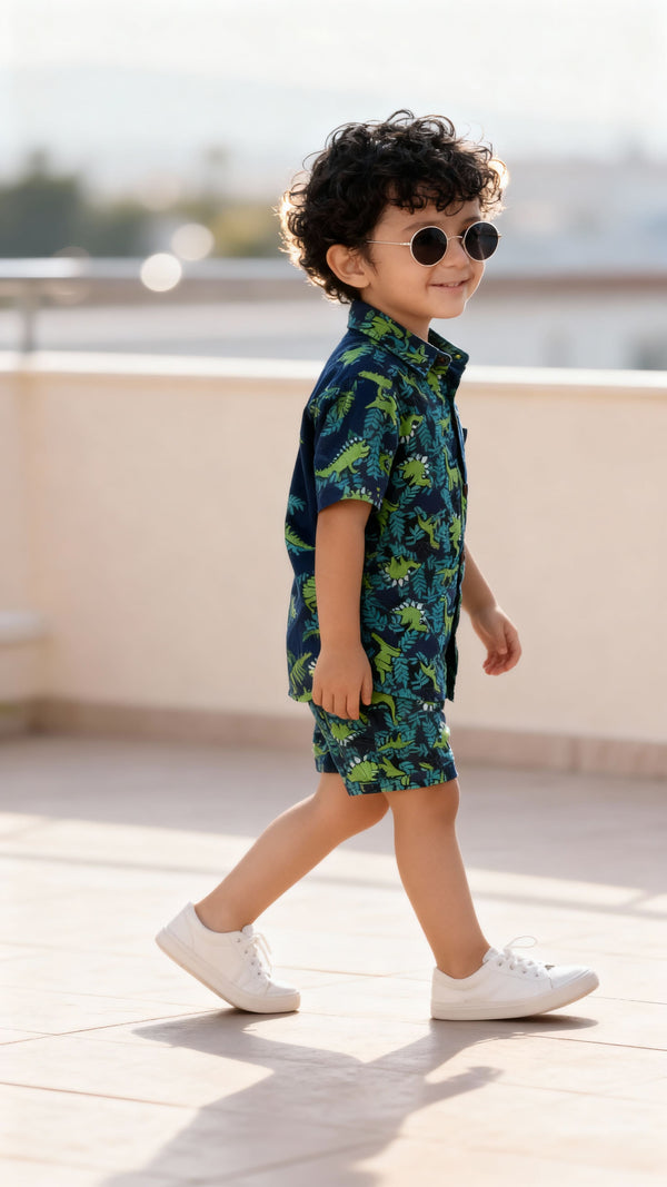 Green Dino Printed Pure Cotton Boys Shirt & Shorts Co-ord Set
