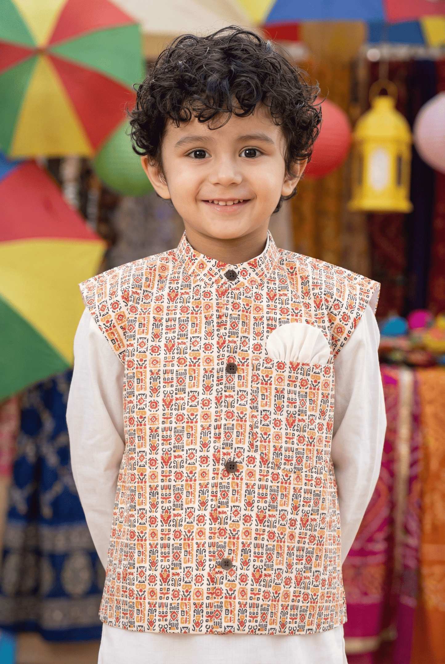 Bohemian Chic: Boys' Nehru Jacket with Off-White Kurta Pyjama Set
