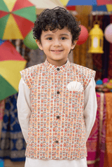 Bohemian Chic: Boys' Nehru Jacket with Off-White Kurta Pyjama Set