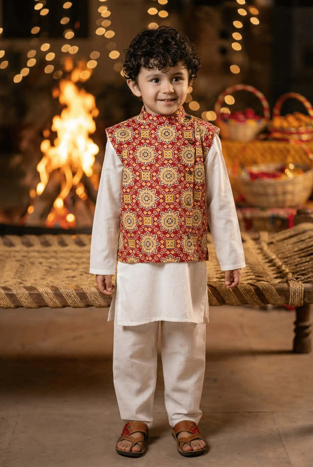 Boys Red Nehru Jacket Kurta Set