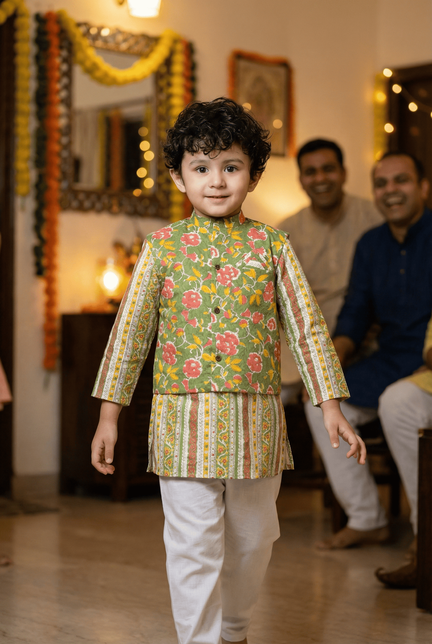 Fresh Sophistication: Boys' Floral Print Parrot Green Short Kurta with Nehru Jacket Set