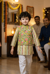 Fresh Sophistication: Boys' Floral Print Parrot Green Short Kurta with Nehru Jacket Set