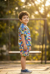 Boys Rayon Blue Co-ord Set | Kids Summer Shirt & Shorts Outfit (Oversized) Bebe Unicorn
