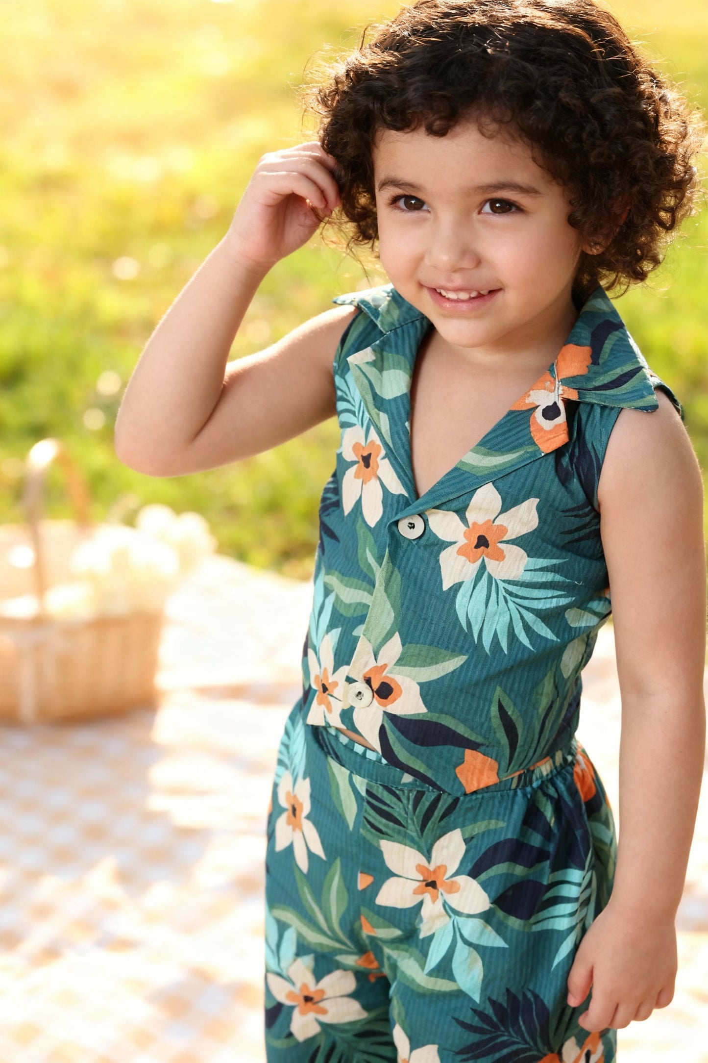 Girls Teal Tropical Floral Co-ord Set | Sleeveless Top & Pants