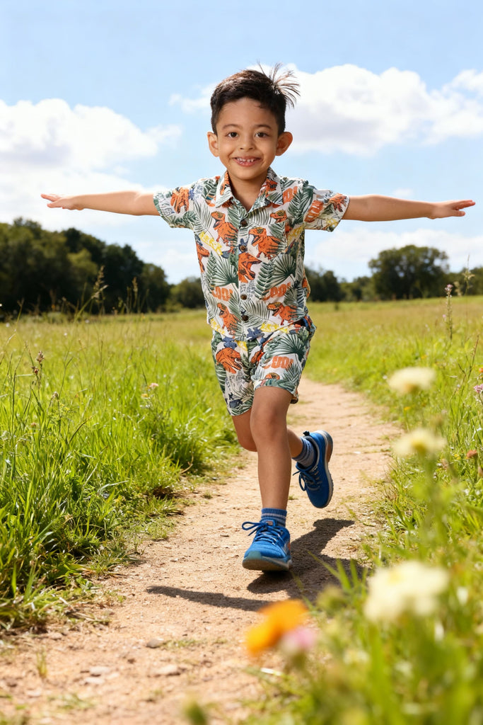 Dino Printed Pure Cotton Boys Shirt & Shorts Coord Set Clothing Set