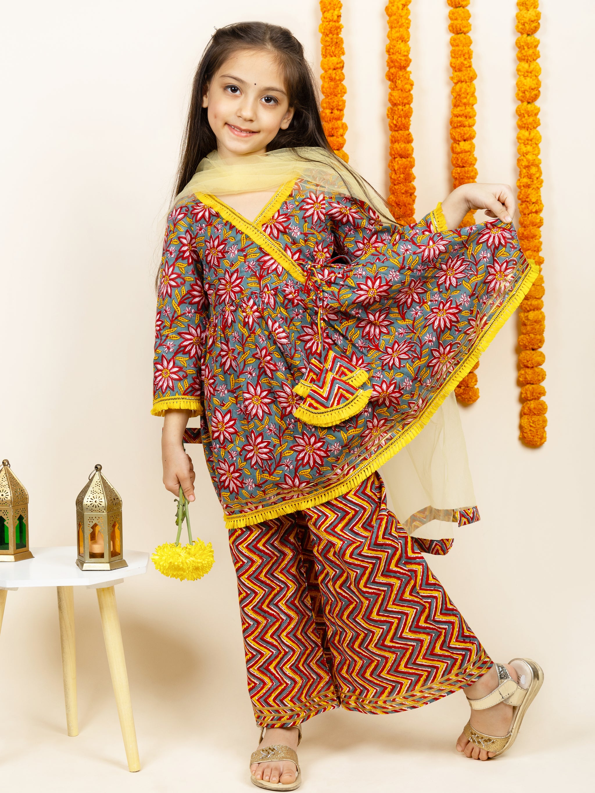 Floral Printed Sharara Set for Girls - Diwali Ethnic Wear
