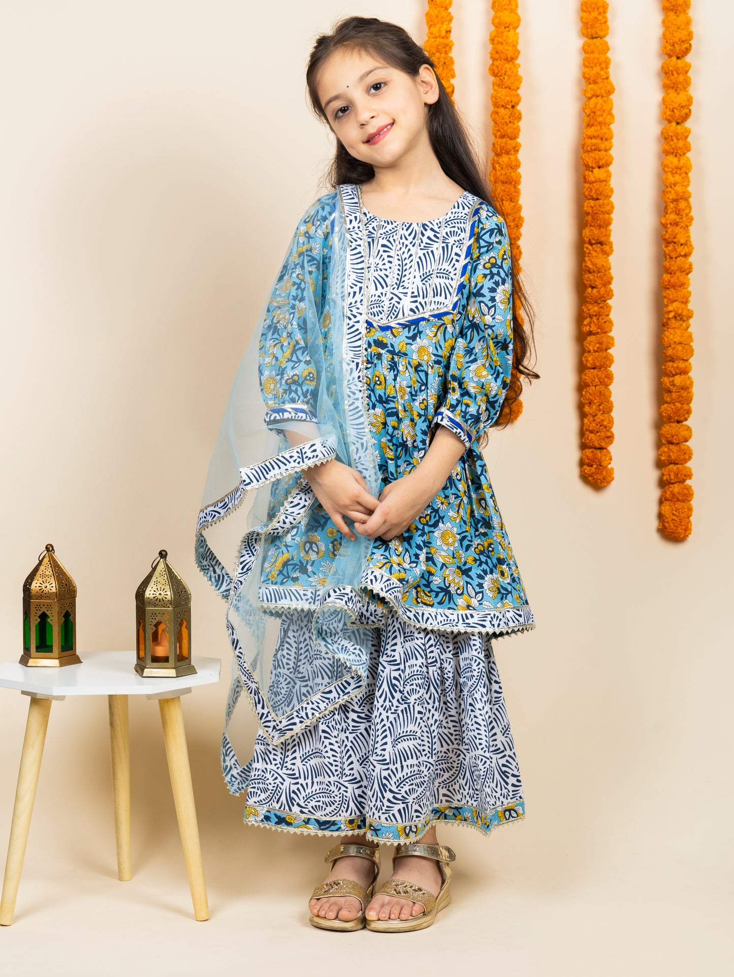 Blue & White Floral Kurta Sharara Set | ethnic wear for girls