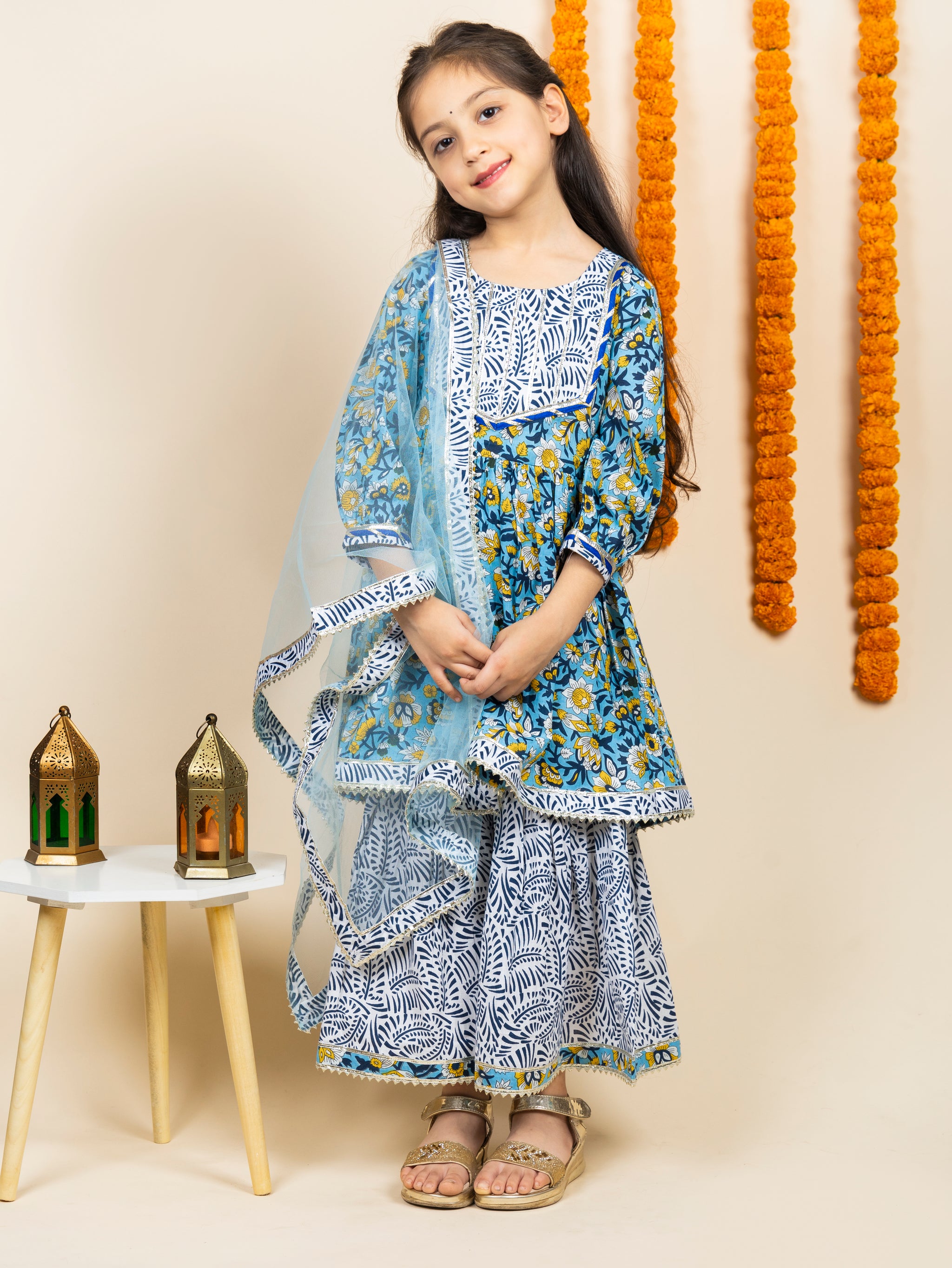 Blue & White Floral Kurta Sharara Set | ethnic wear for girls