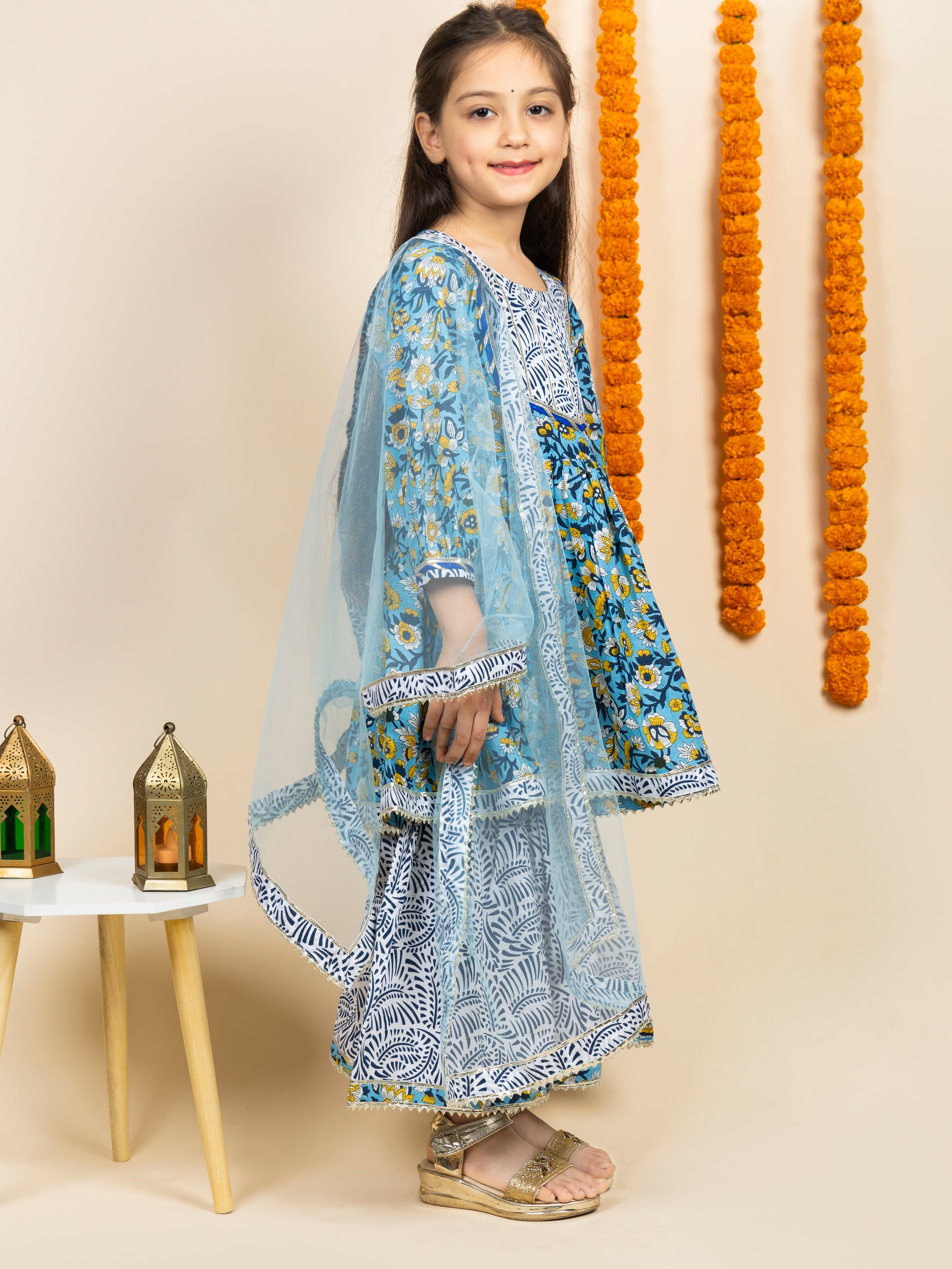 Blue & White Floral Kurta Sharara Set | ethnic wear for girls