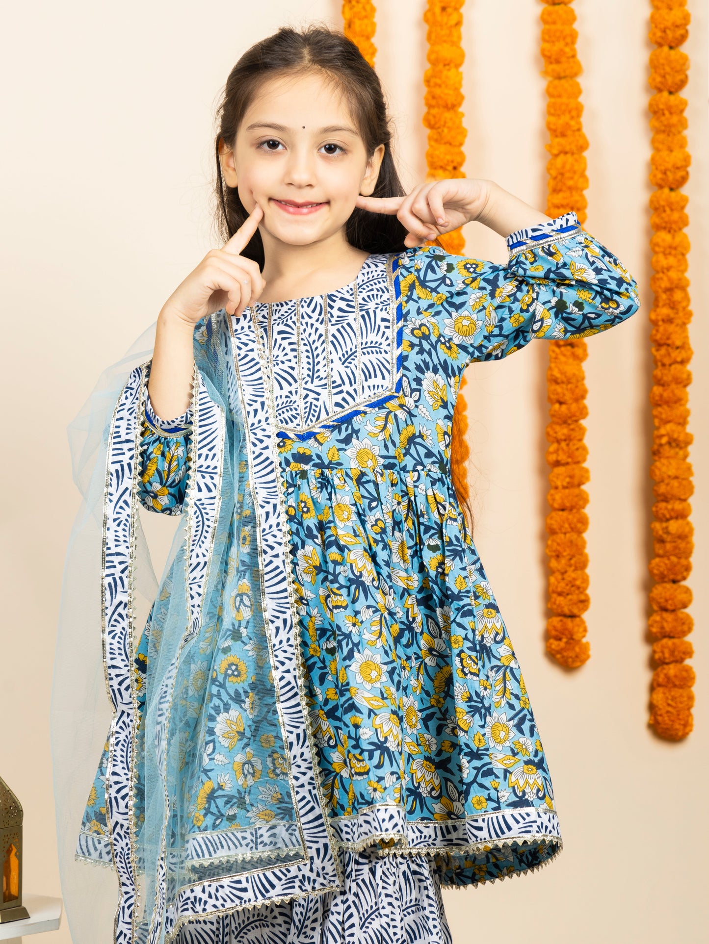 Blue & White Floral Kurta Sharara Set | ethnic wear for girls