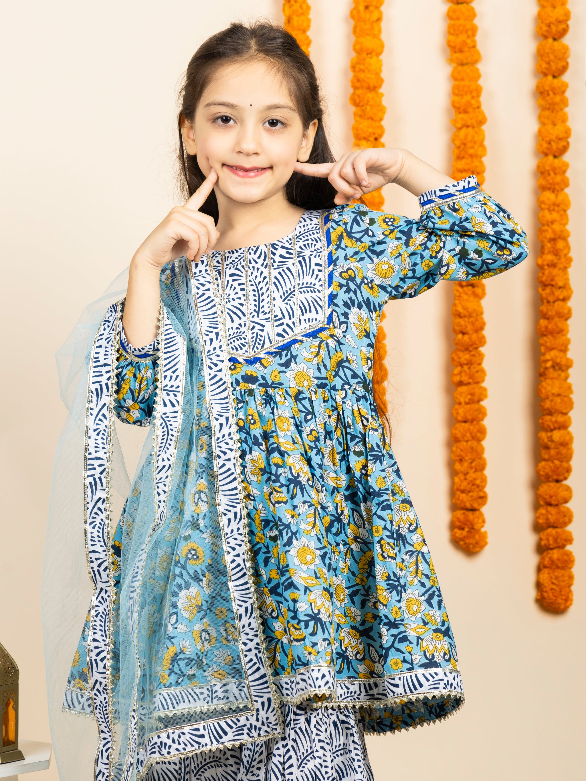 Blue & White Floral Kurta Sharara Set | ethnic wear for girls