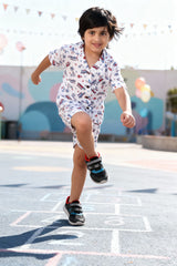 Boys White Linen Travel Print Co-ord Set | Shirt & Shorts for Kids