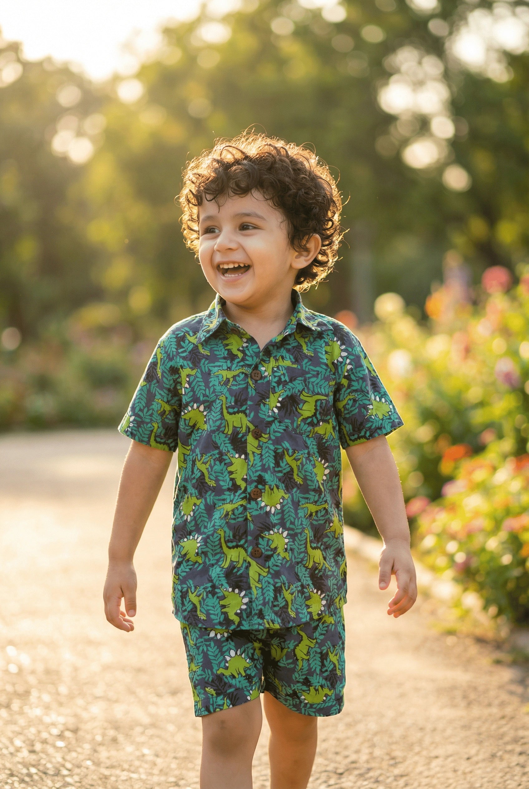 Green Dino Printed Pure Cotton Boys Shirt & Shorts Co-ord Set