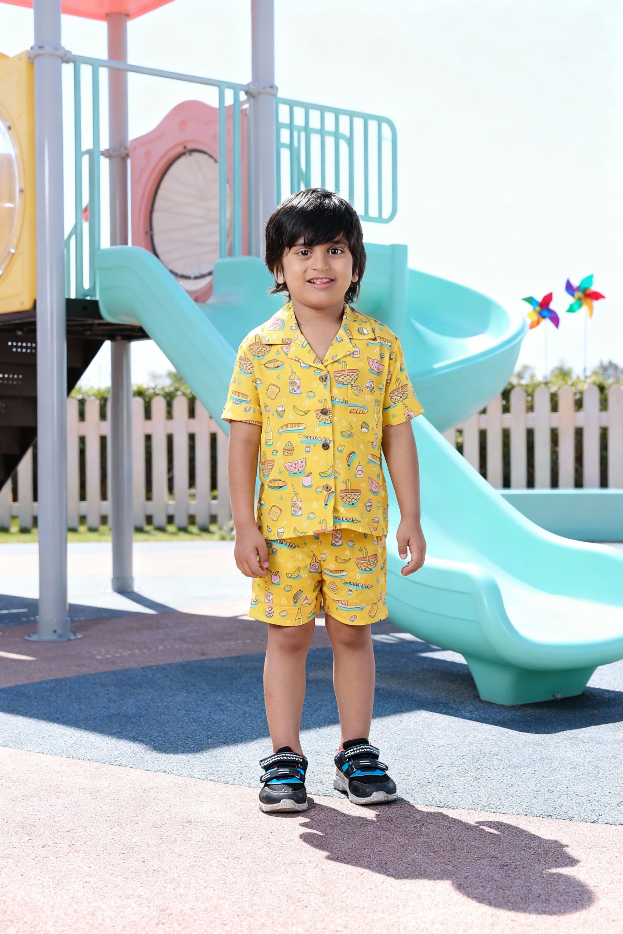 Boys Yellow Food Print Co-ord Set | Shirt & Shorts for Kids