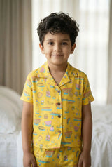 Boys Yellow Food Print Co-ord Set | Shirt & Shorts for Kids (Oversized) Bebe Unicorn