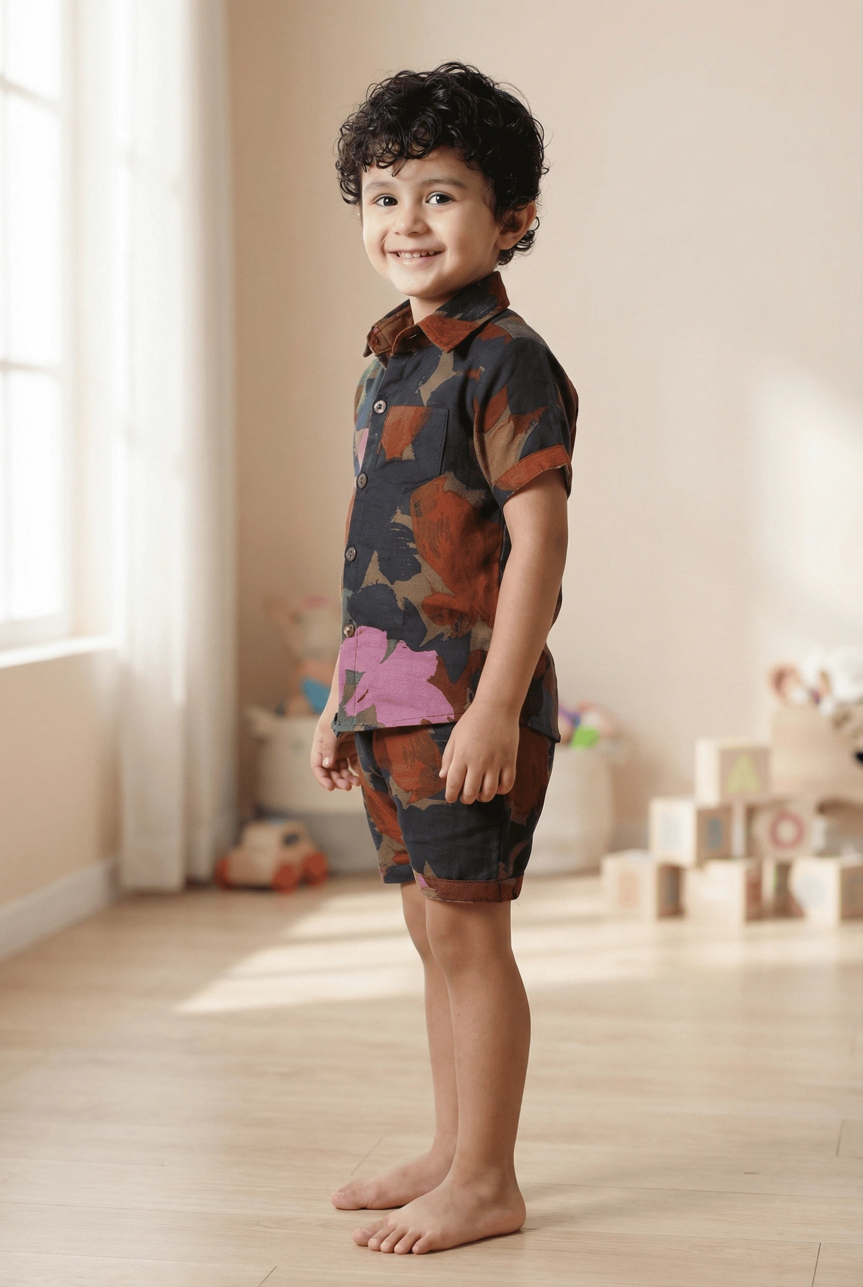 Camo Print Muslin Boys Shirt & Shorts Coord Set Clothing Set