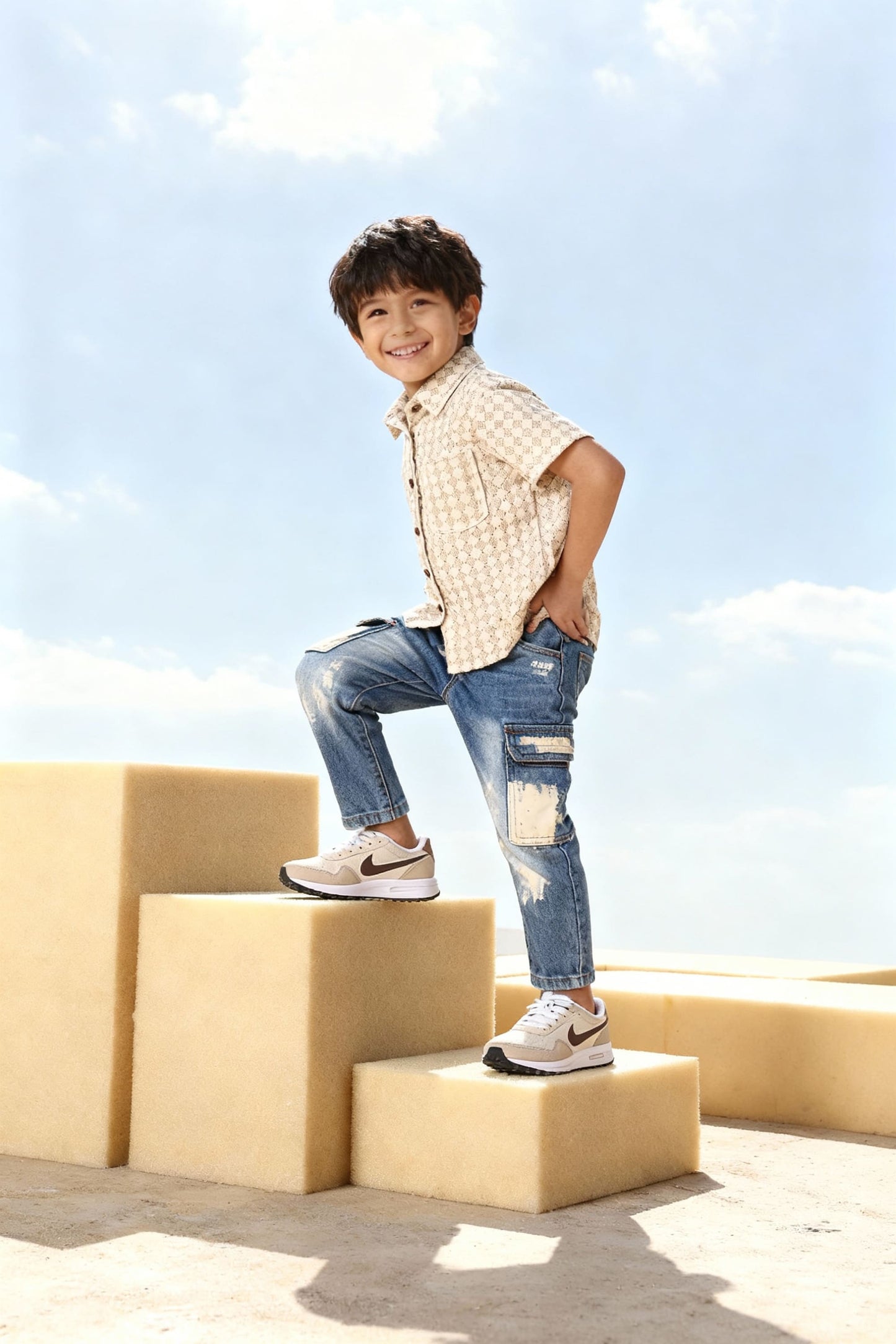 Beige Diamond Print Shirt - Kids Dress for Boys