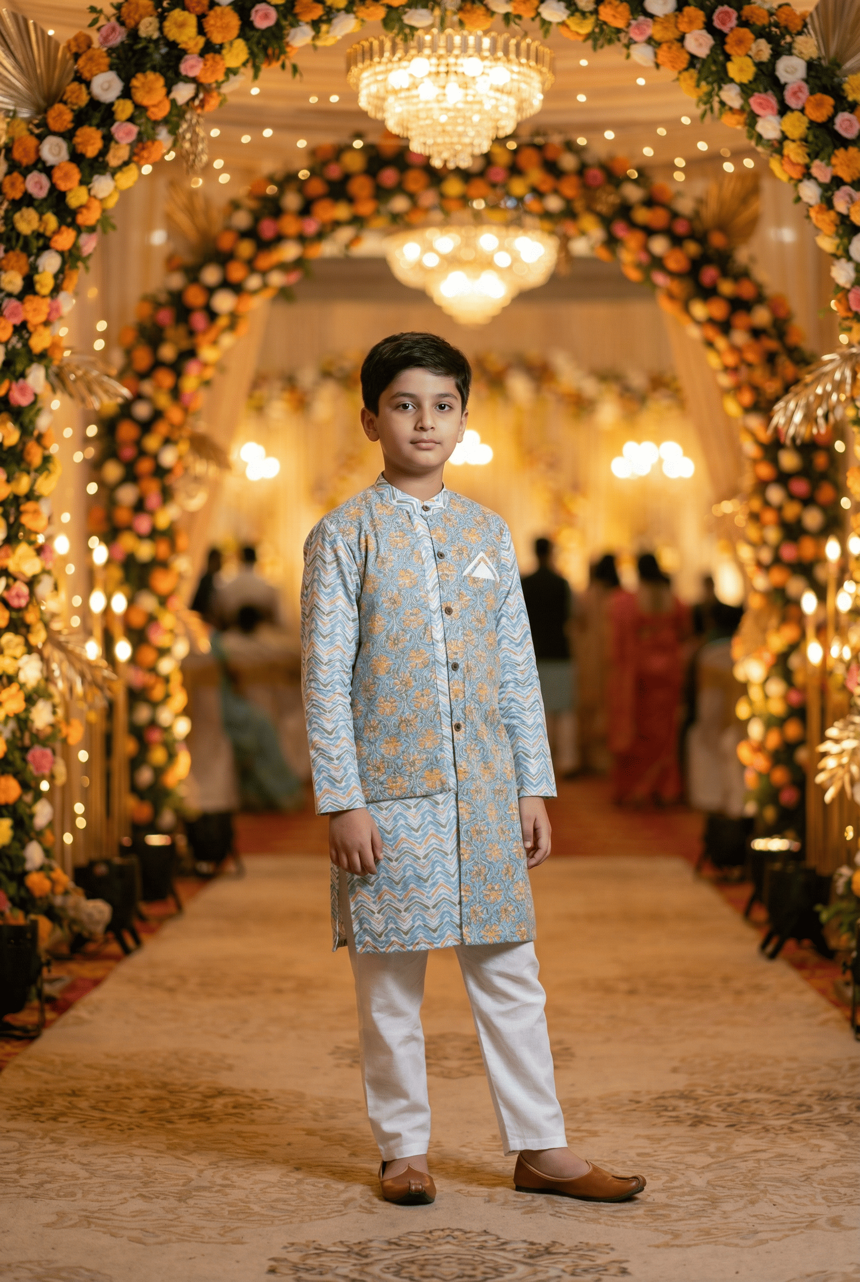 Sky Blue Floral Kurta Set for Boys