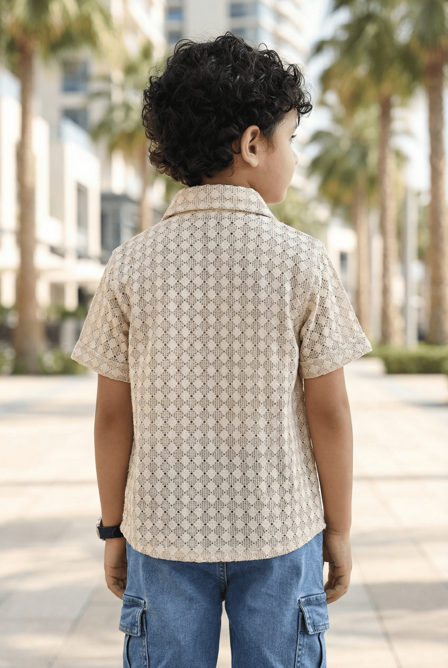 Beige Diamond Print Shirt - Kids Dress for Boys