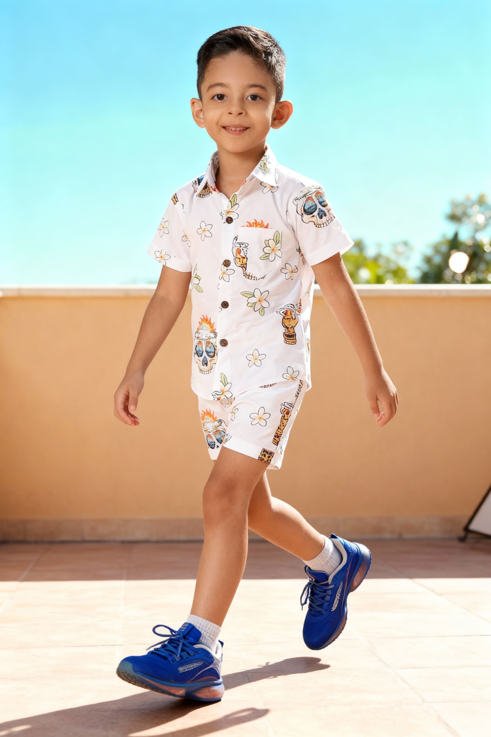 Skull Printed Pure Cotton Boys Shirt & Shorts Coord Set Clothing Set
