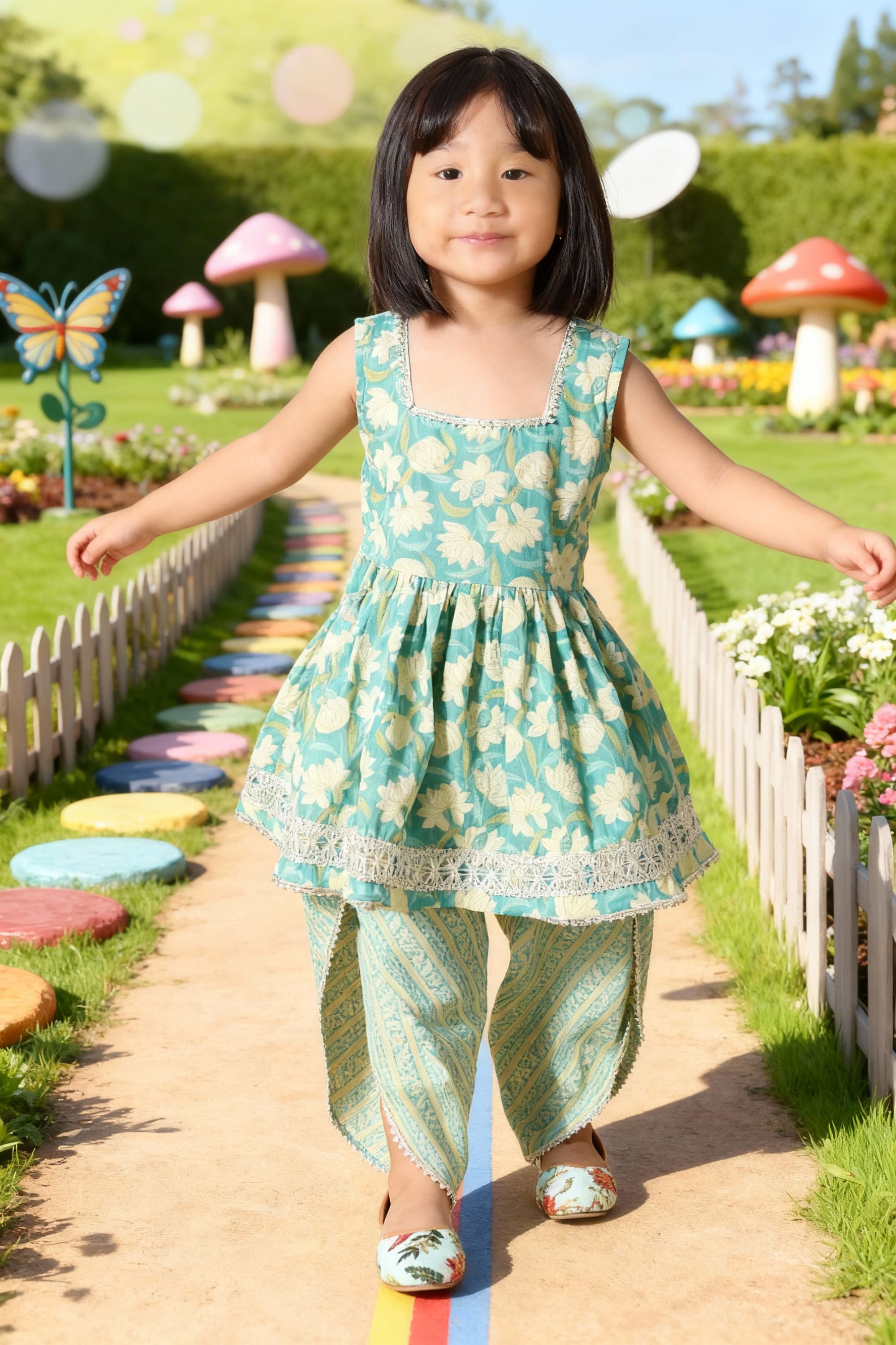 Aqua Blue Floral Rakhi Ethnic Dress for Girls