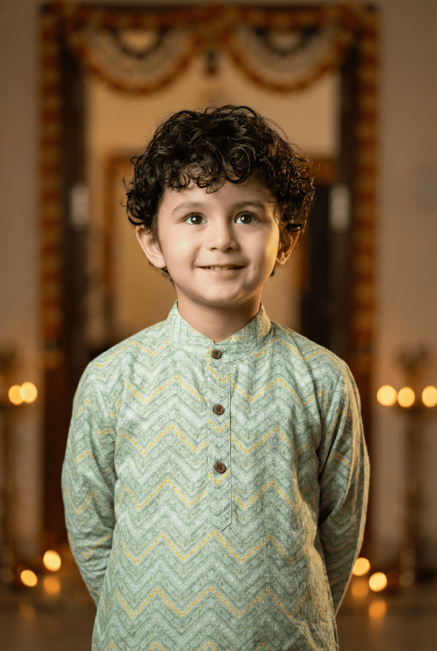 Radiant Style: Boys' Zig Zag Print Pista Color Straight Kurta with White Pajama