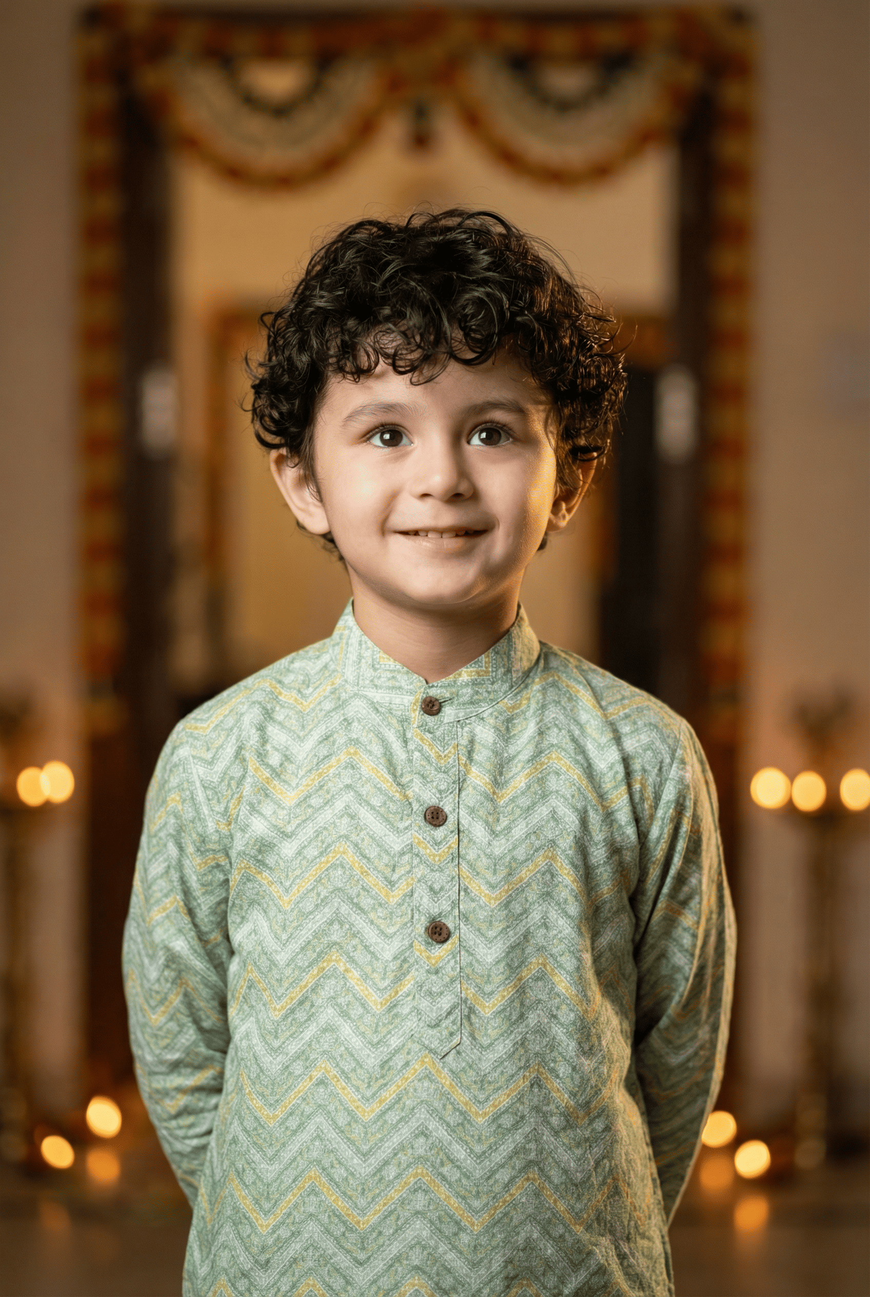 Radiant Style: Boys' Zig Zag Print Pista Color Straight Kurta with White Pajama