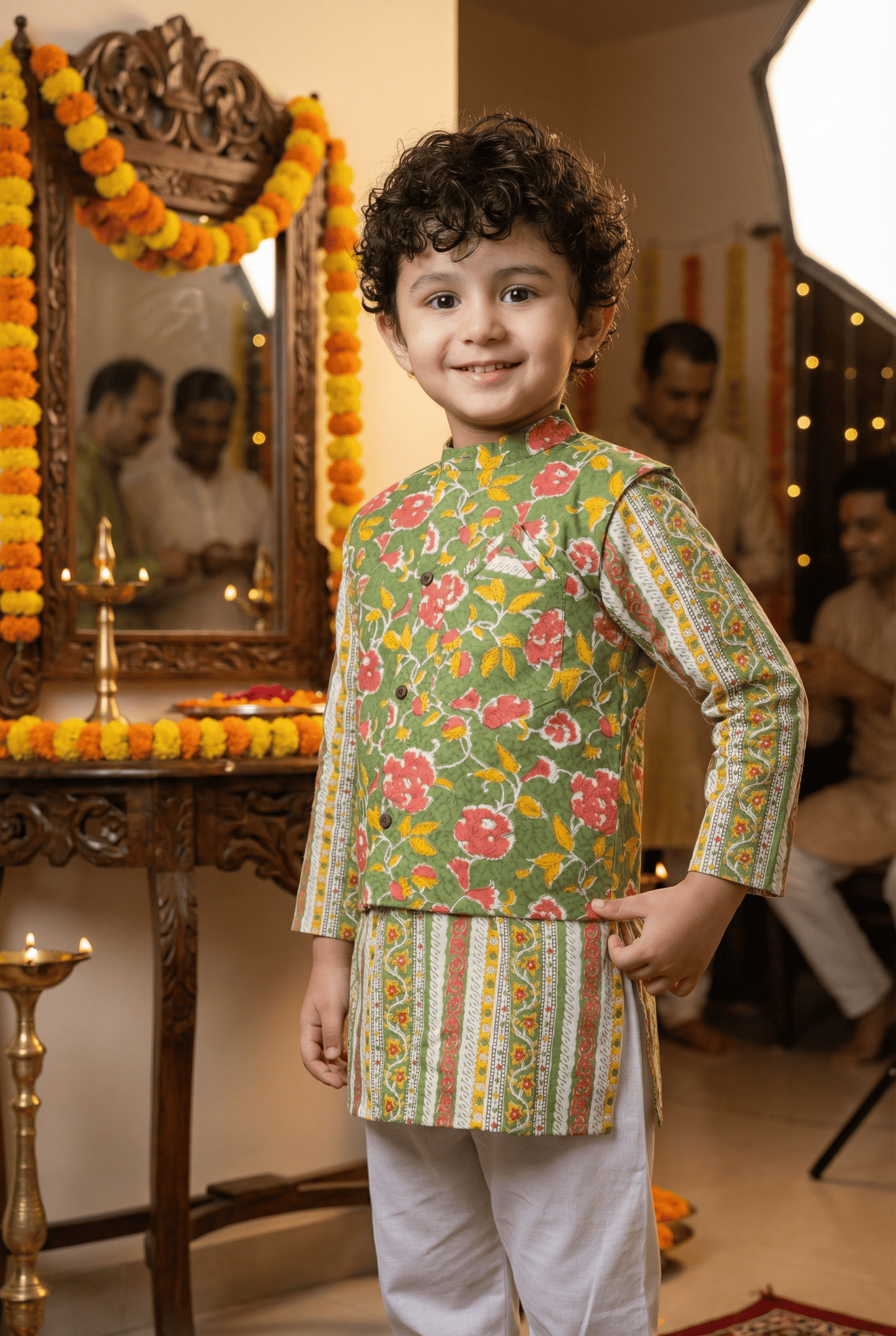 Fresh Sophistication: Boys' Floral Print Parrot Green Short Kurta with Nehru Jacket Set