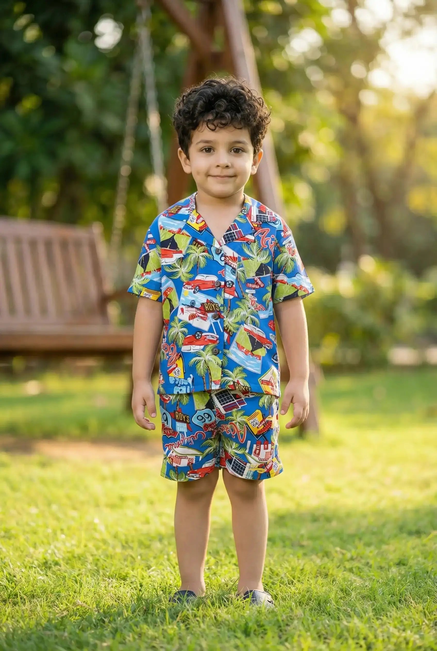 Boys Rayon Blue Co-ord Set | Kids Summer Shirt & Shorts Outfit (Oversized) Bebe Unicorn
