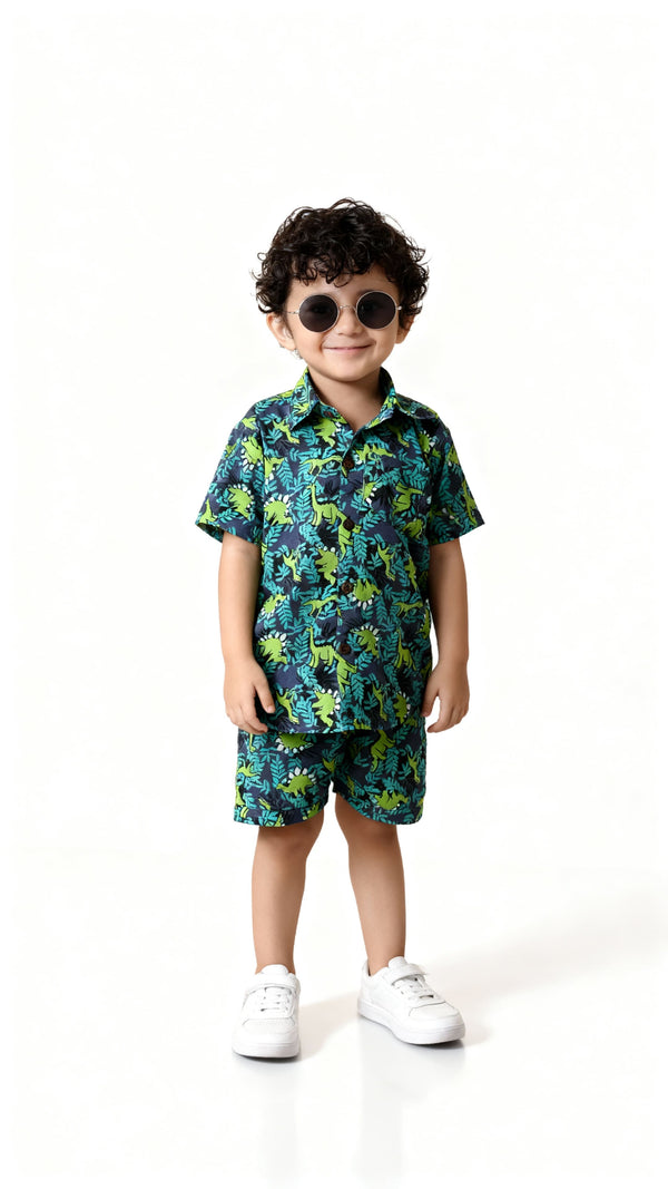 Green Dino Printed Pure Cotton Boys Shirt & Shorts Co-ord Set