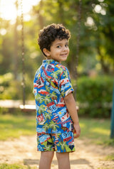 Boys Rayon Blue Co-ord Set | Kids Summer Shirt & Shorts Outfit (Oversized) Bebe Unicorn