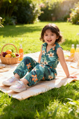 Girls Teal Tropical Floral Co-ord Set | Sleeveless Top & Pants