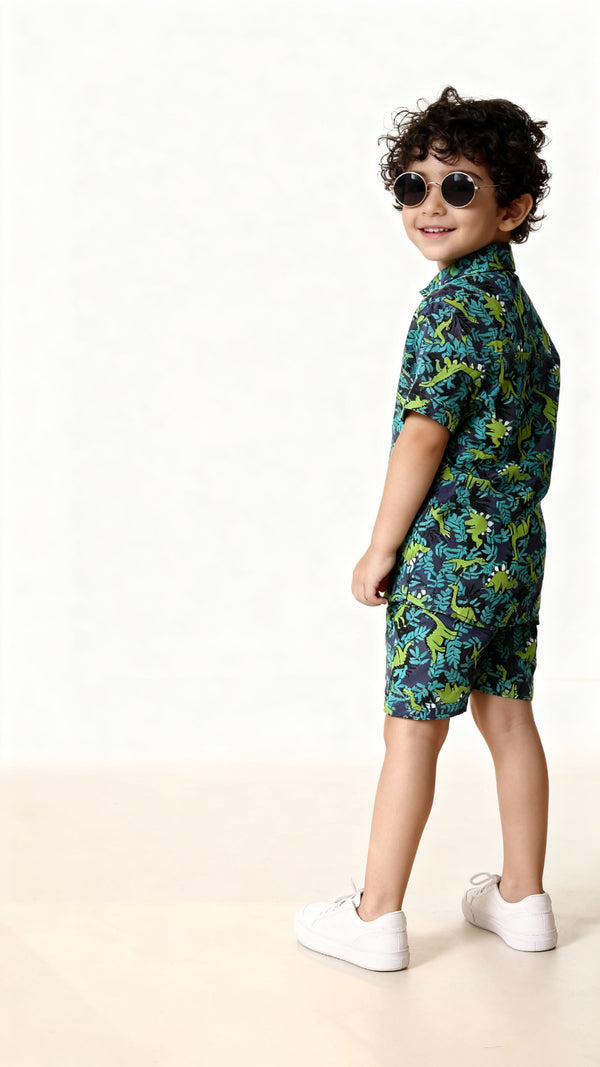 Green Dino Printed Pure Cotton Boys Shirt & Shorts Co-ord Set