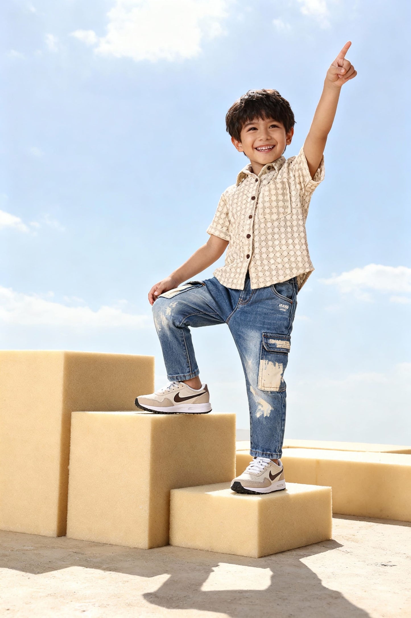 Beige Diamond Print Shirt - Kids Dress for Boys